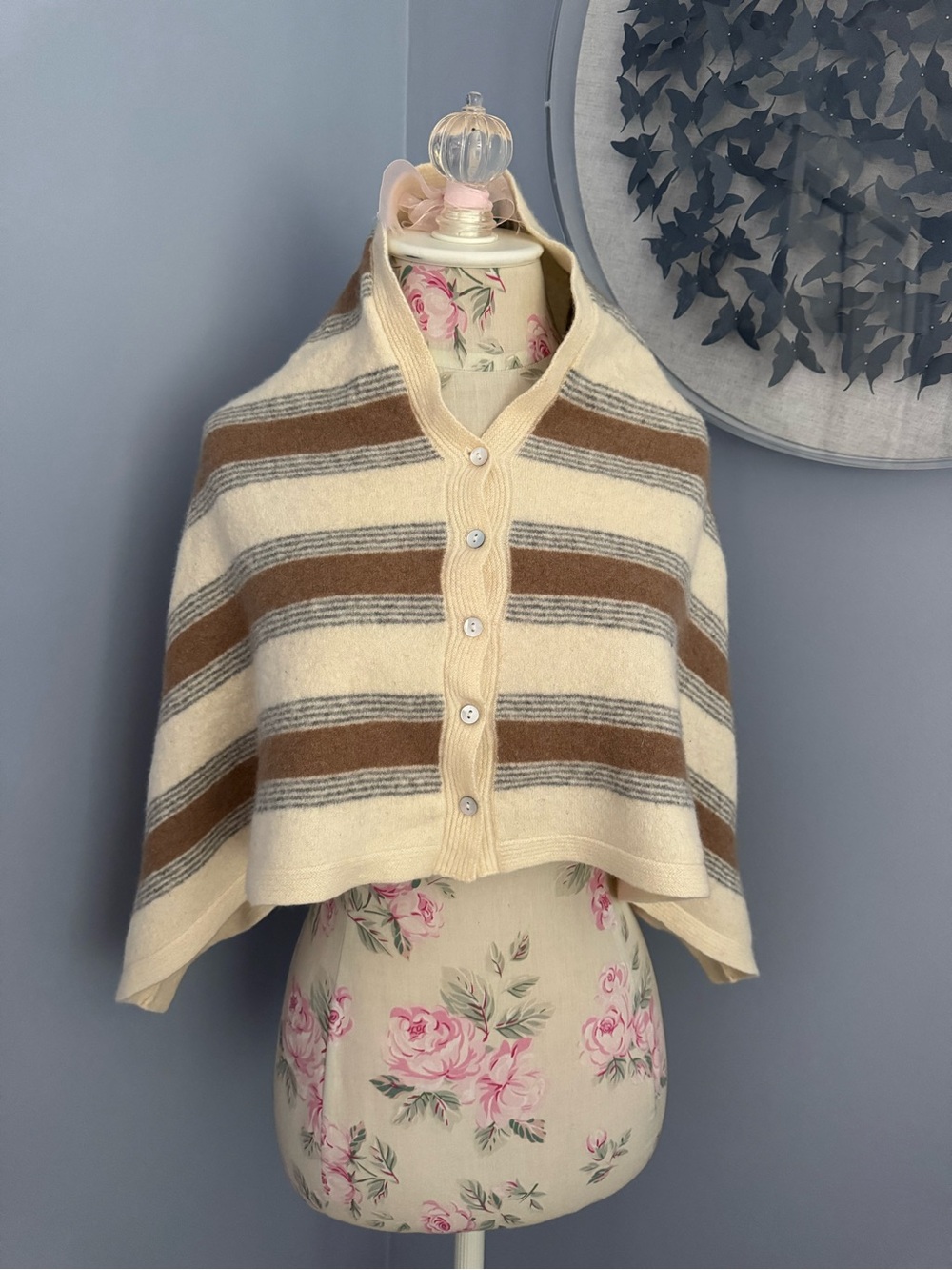 100% Cashmere Button-Front Striped Poncho Sweater in Cream and Brown